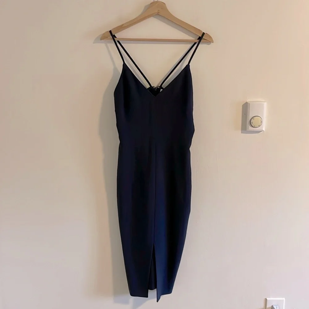 Likely Brooklyn Dress‎ Women’s Size 6 Bodycon Cocktail Slit Midi Navy Blue - Picture 3 of 10